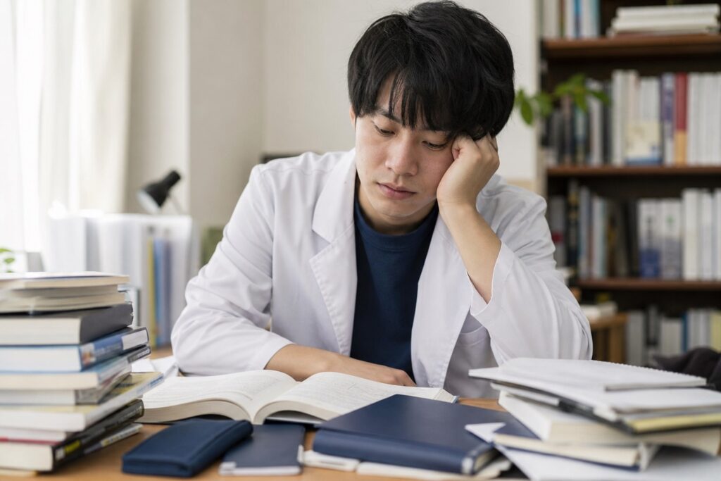 男子学生が積み上がる教科書を前に困っている様子