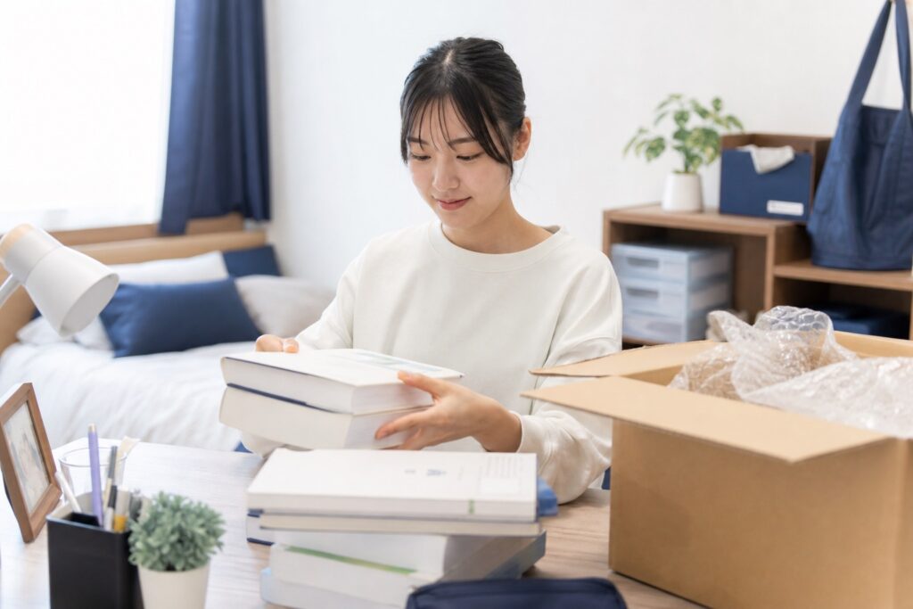 女子学生が新学期に向け教科書を整理している様子