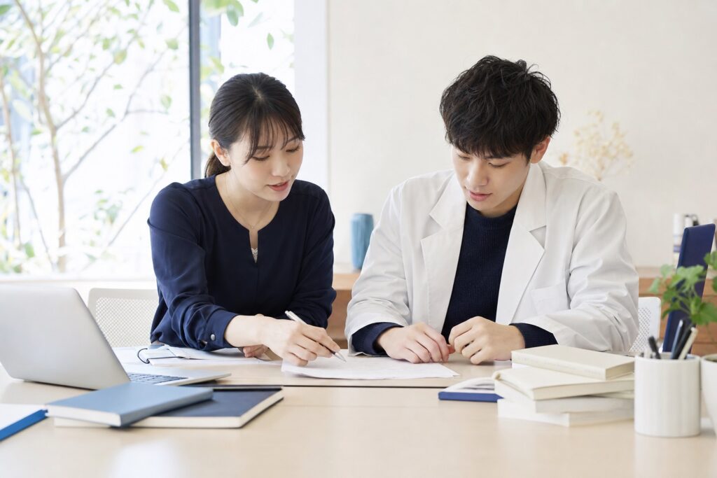 家庭教師と学生が並んで問題を解いている様子