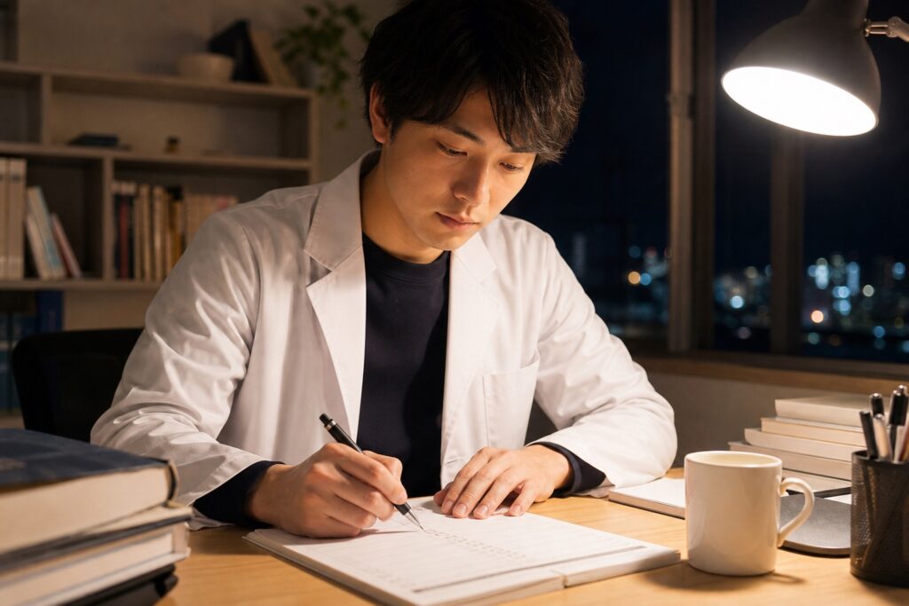 男子学生が夜に学習チェックリストへ印をつける様子