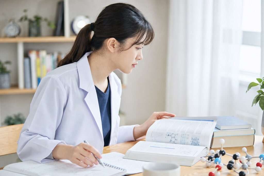 女子学生が重要科目の教科書を熱心に読む様子