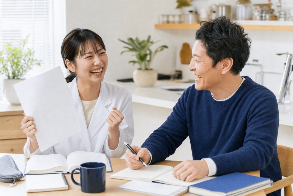 学生が良い結果を家庭教師に見せて喜ぶ様子