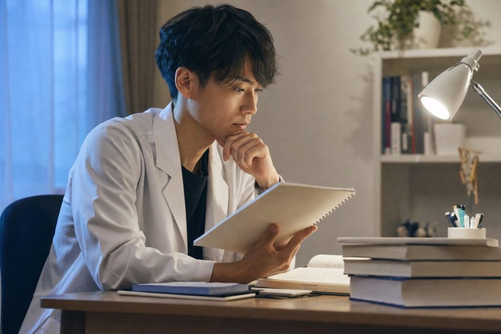 男子学生が真剣に進級対策ノートを見直す様子