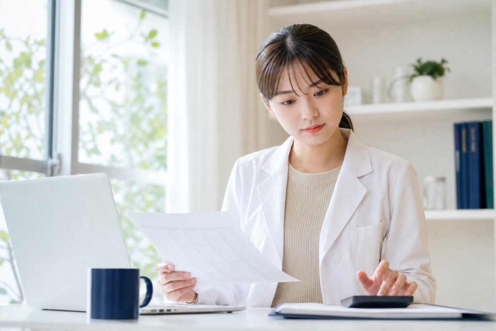 女子学生が電卓でGPAを計算している様子