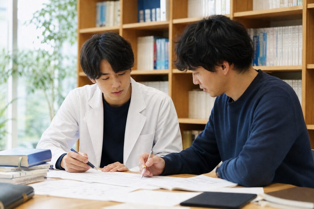男子学生と家庭教師が卒業試験の過去問に取組む様子