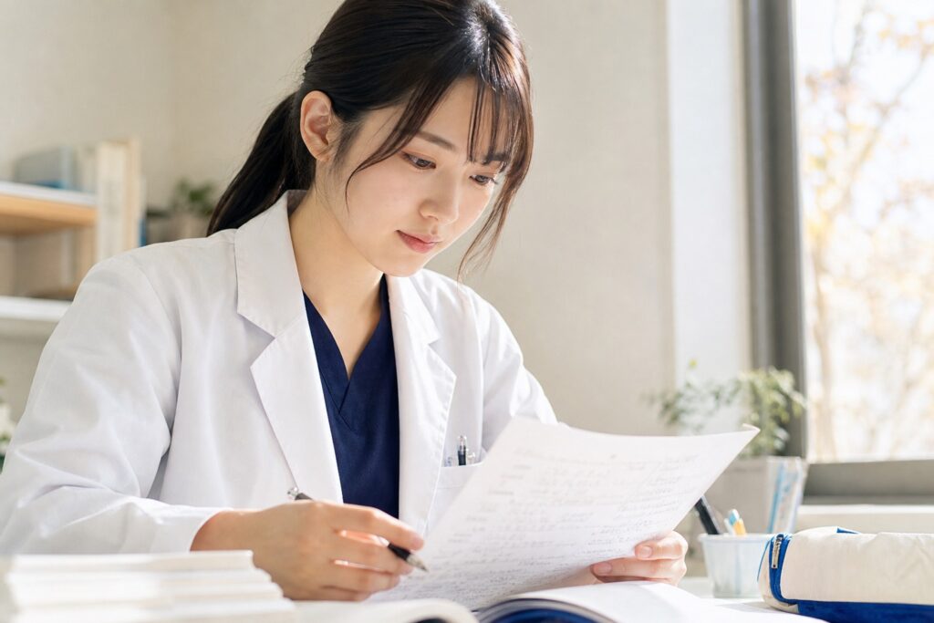 女子学生が秋の卒業試験に向けノートを見直す様子