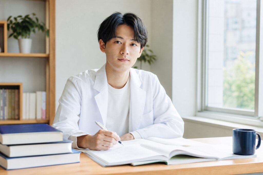 男子学生が再挑戦へ向け静かに計画を確認する様子