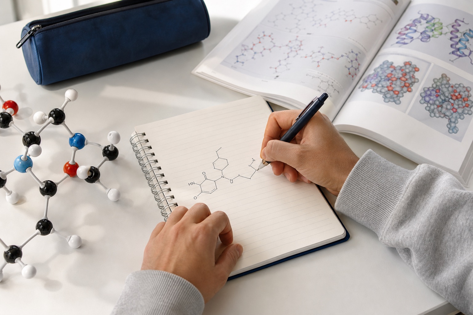 分子構造模型と薬理学の教科書のそばで、ノートに構造式を書く学生の手元