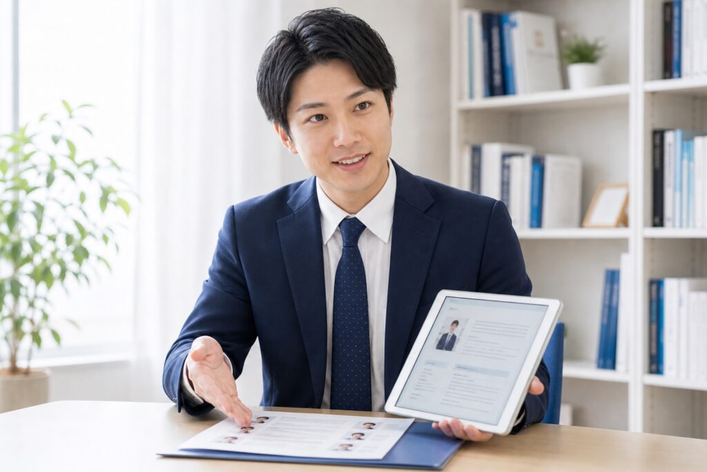 教師のプロフィール資料を見せながら丁寧に説明するスタッフの誠実な姿