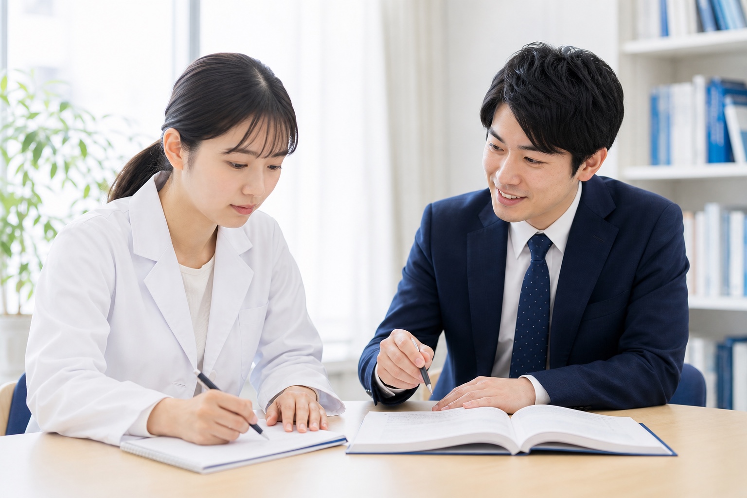体験授業でノートを見ながら指導を受ける薬学部生と隣で教える講師