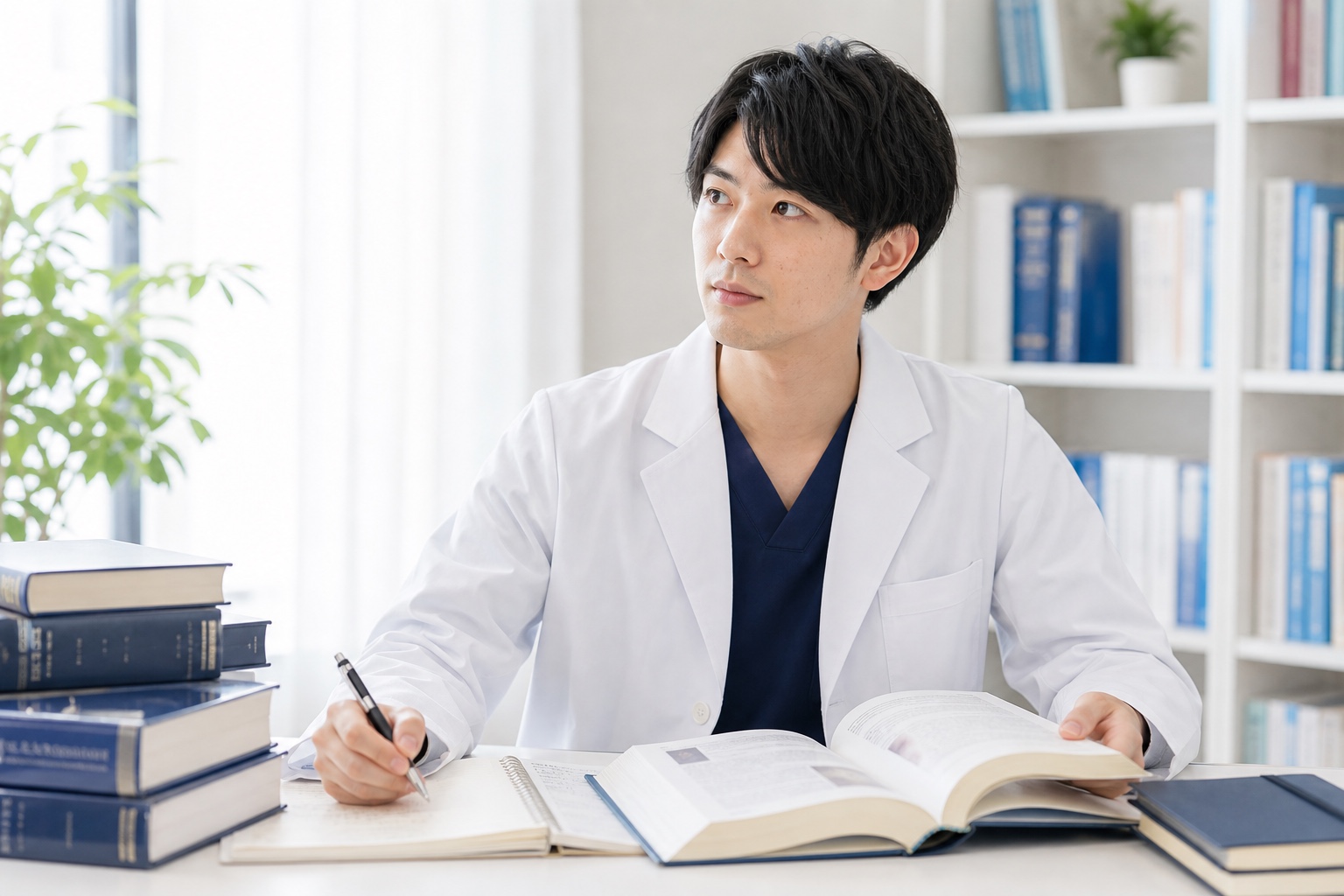 静かな決意を胸に専門書に向き合う薬学部生の集中した表情