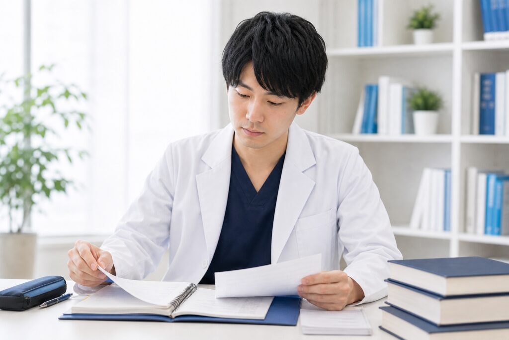 学習計画表とノートを整理しながら勉強法を見直す薬学部生
