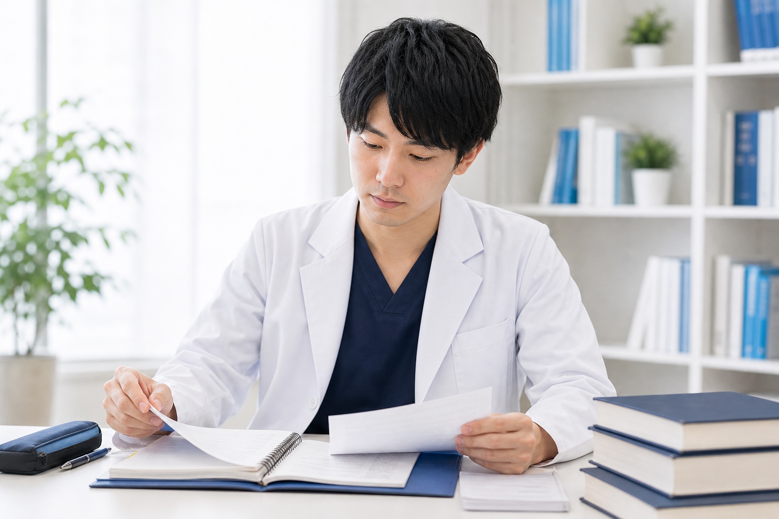 学習計画表とノートを整理しながら勉強法を見直す薬学部生