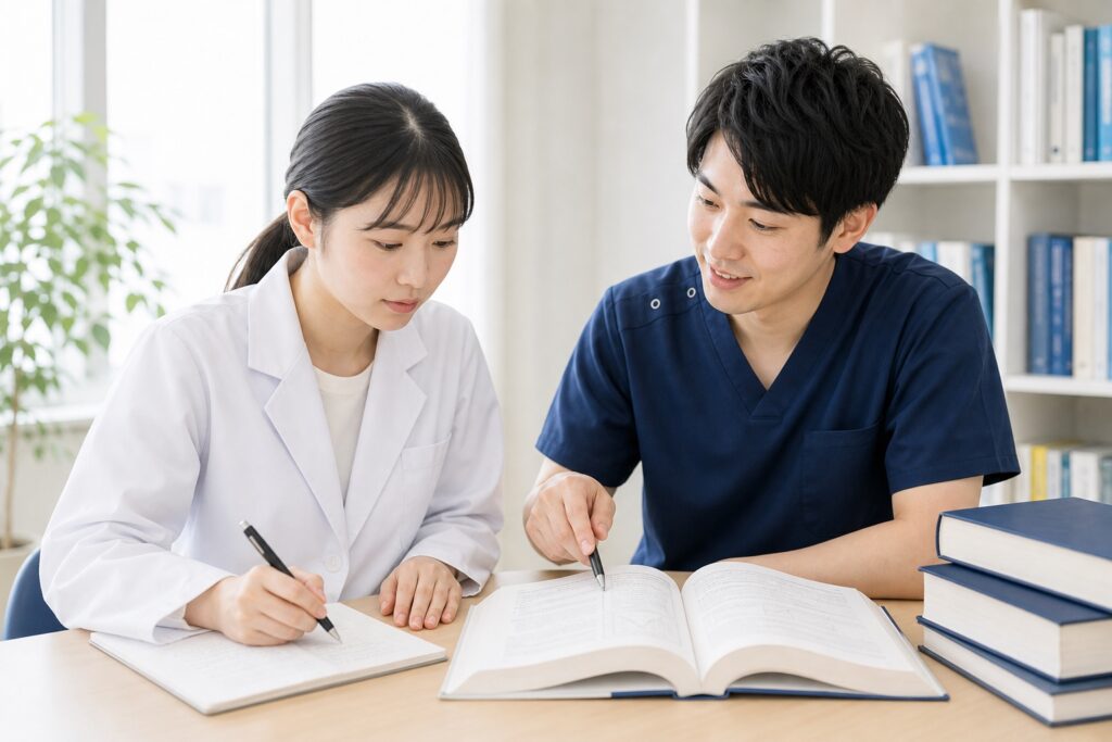 薬物動態の専門書とノートで学ぶ薬学部生と、隣で解説する家庭教師