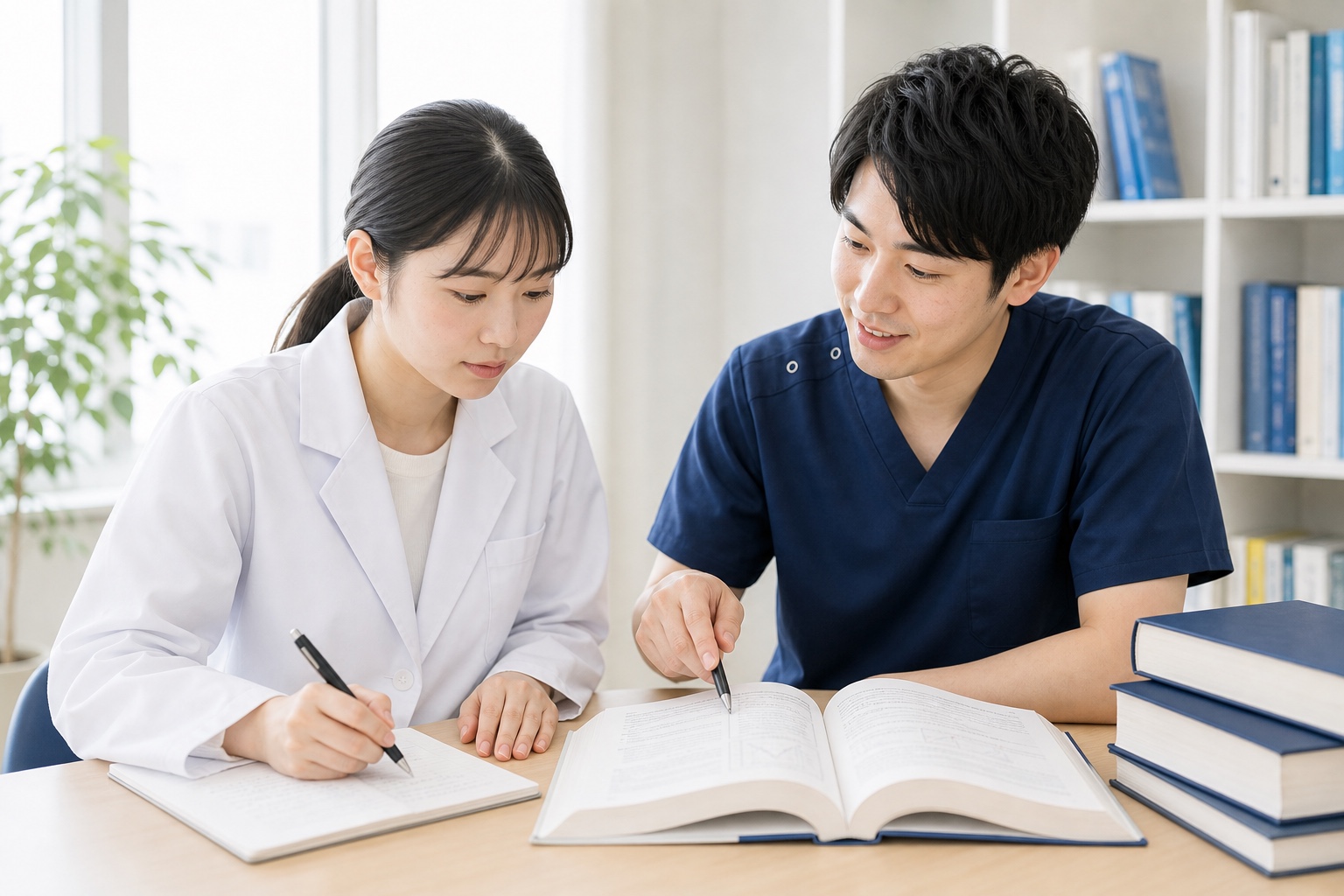 薬物動態の専門書とノートで学ぶ薬学部生と、隣で解説する家庭教師