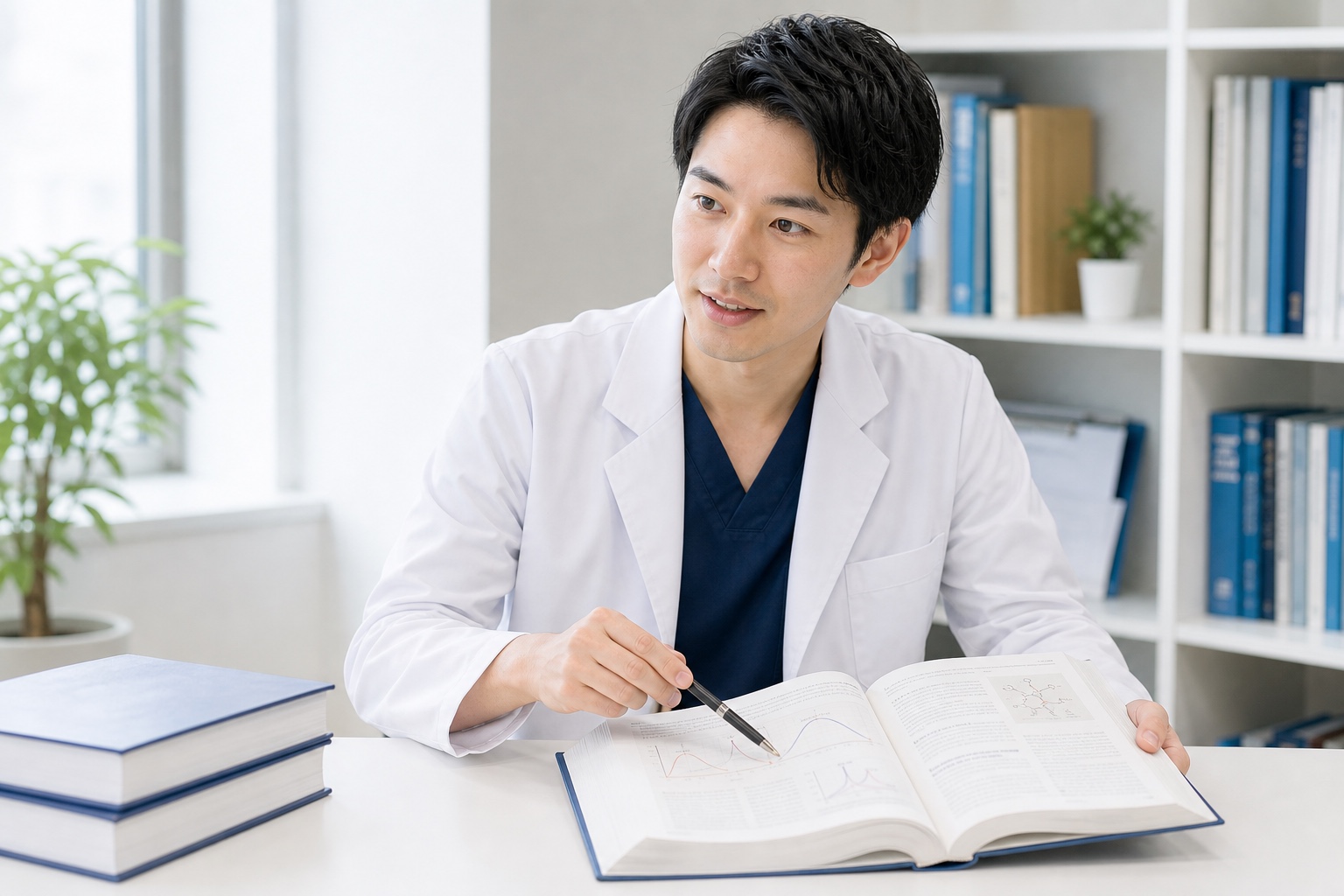 薬物動態が得意な家庭教師が専門書を使いながら丁寧に解説する場面