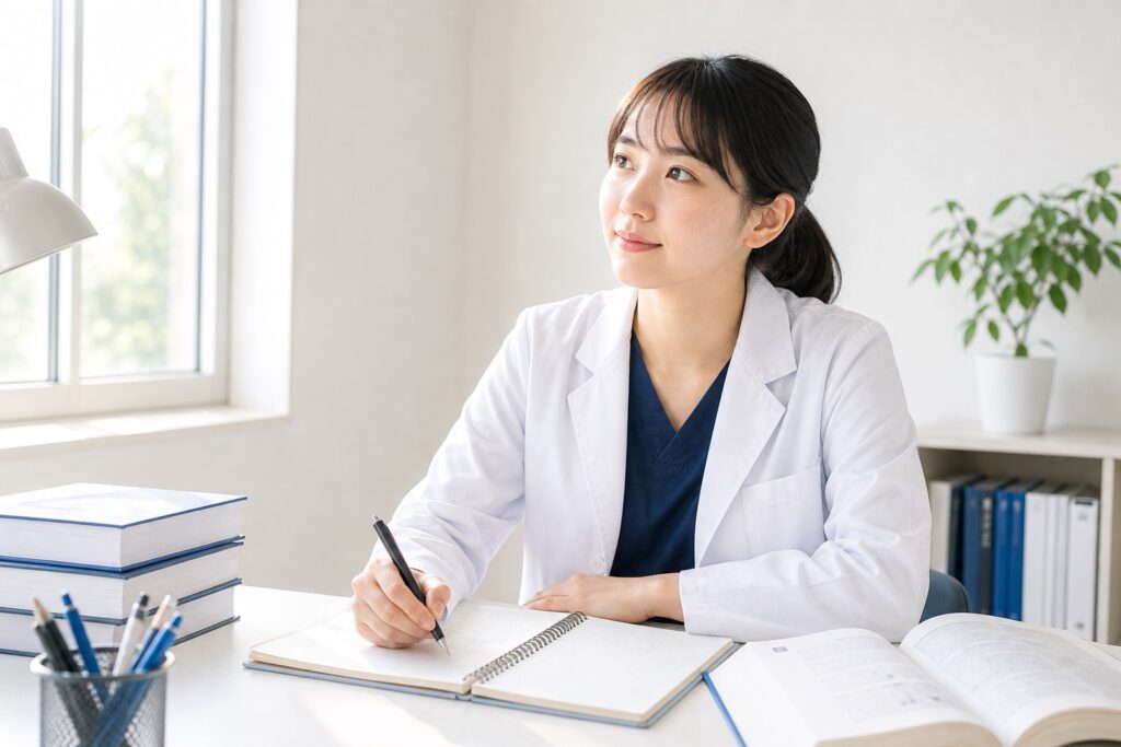 進路に迷いながらもノートを前に静かに考え込む薬学部生
