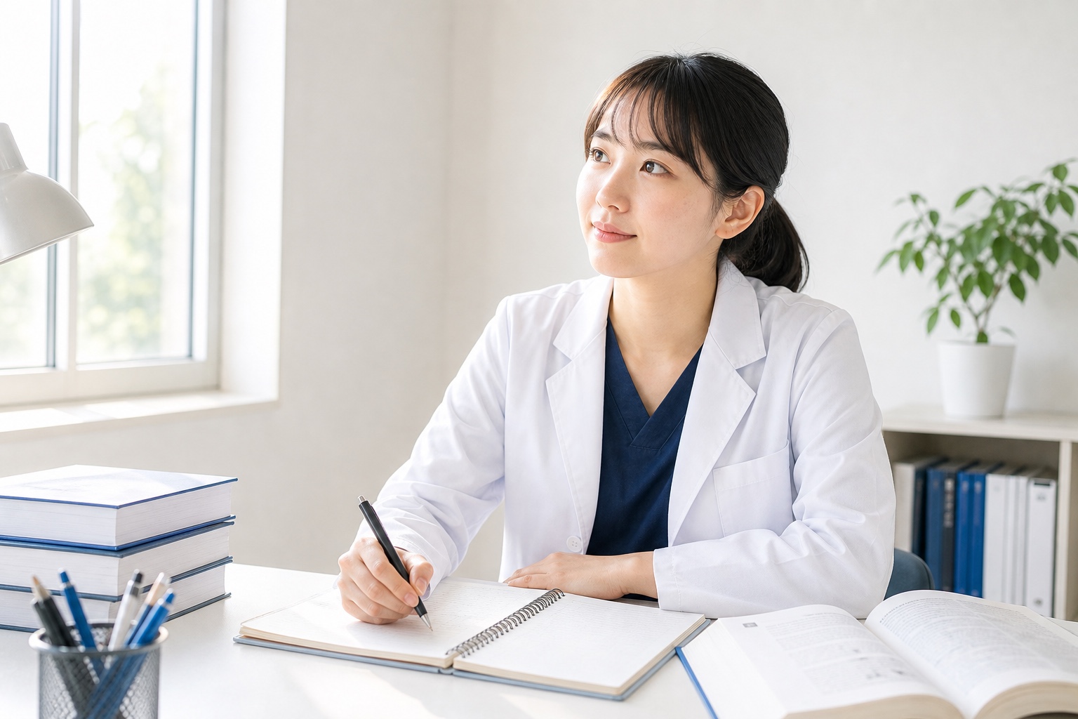進路に迷いながらもノートを前に静かに考え込む薬学部生
