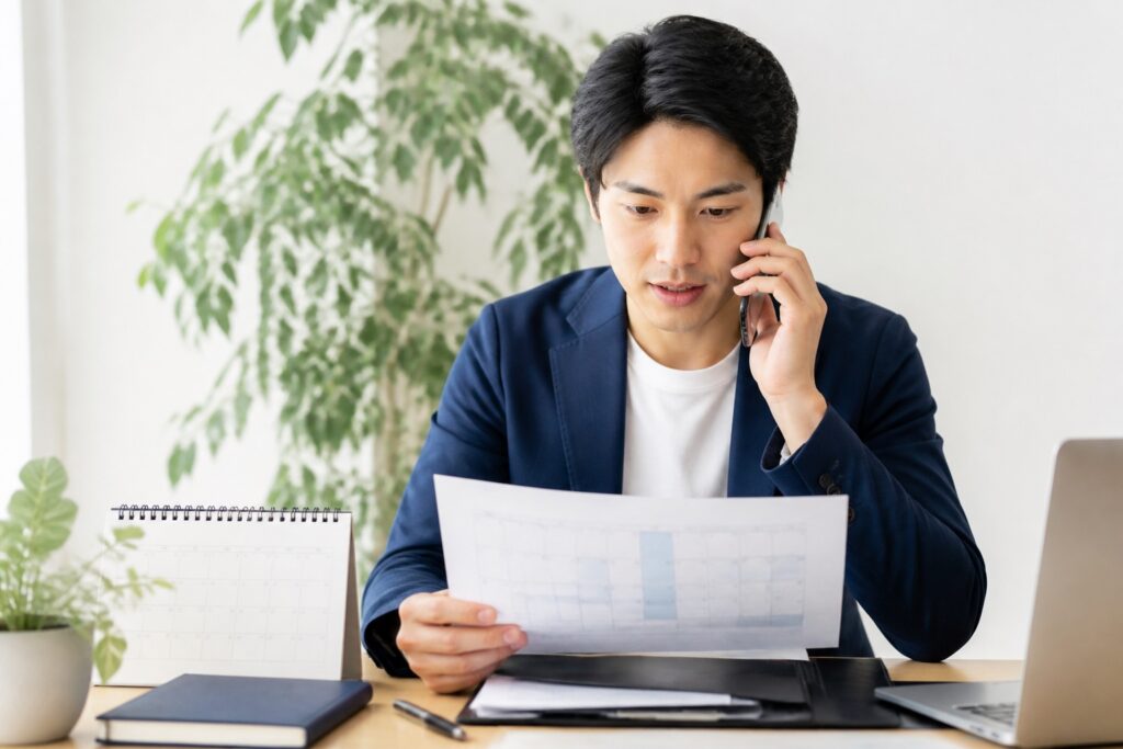 電話で問い合わせに応じるスタッフとスケジュール表を確認する落ち着いた面談風景
