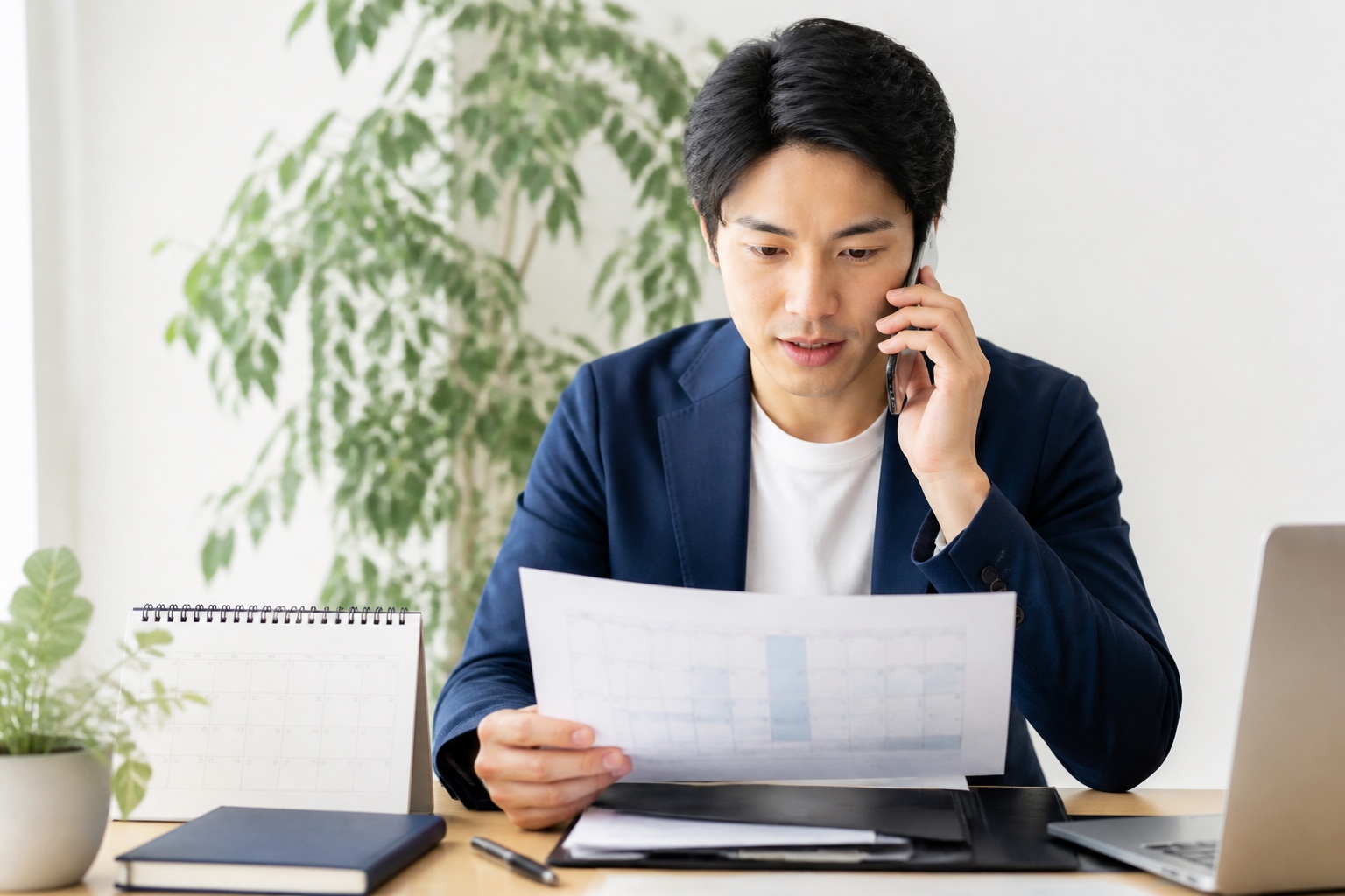 電話で問い合わせに応じるスタッフとスケジュール表を確認する落ち着いた面談風景