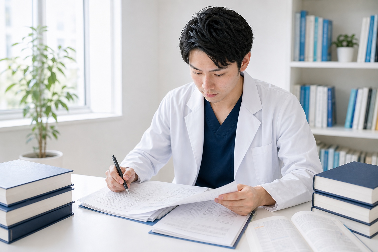 卒業試験の再挑戦に向けて過去問を分析する集中した薬学部生