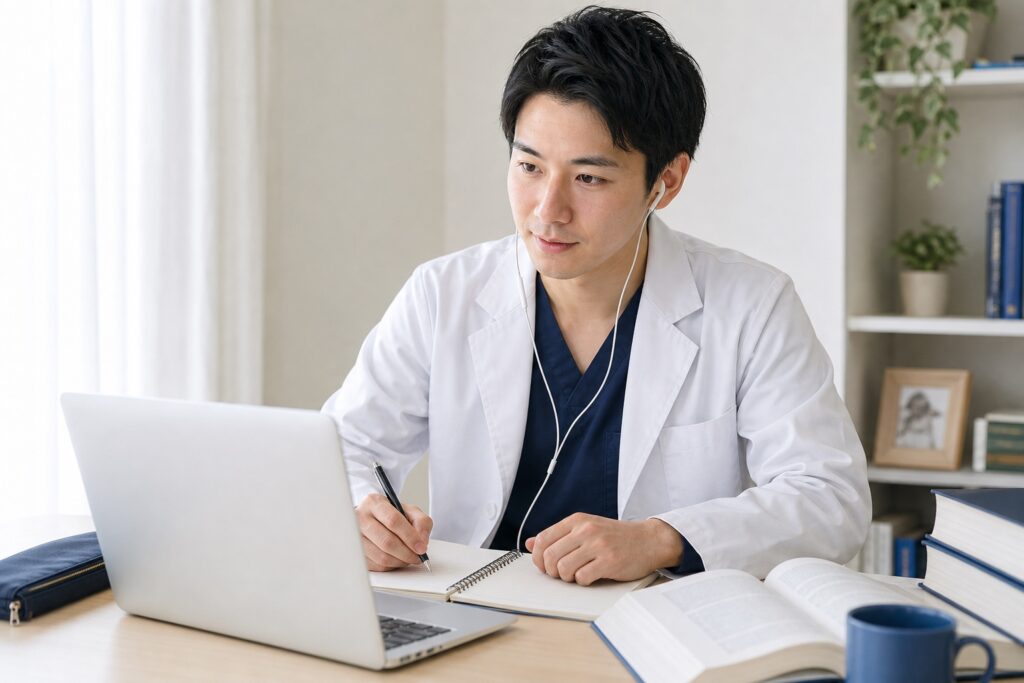 ノートPCでオンライン指導を受けながら集中して学ぶ薬学部生