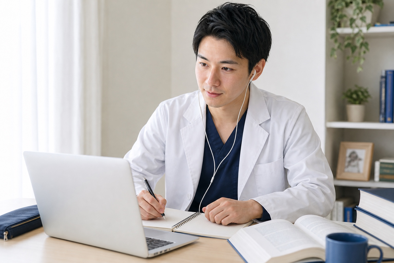 ノートPCでオンライン指導を受けながら集中して学ぶ薬学部生