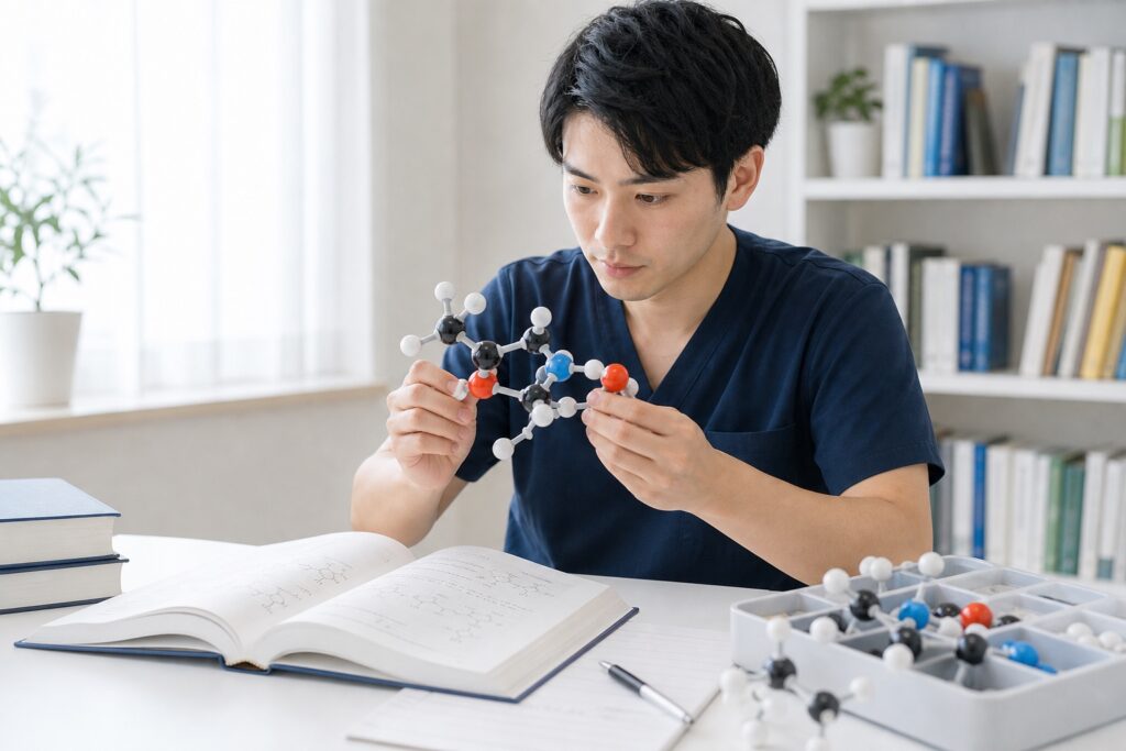 有機化学の分子模型と教科書で基礎から学び直す薬学部生