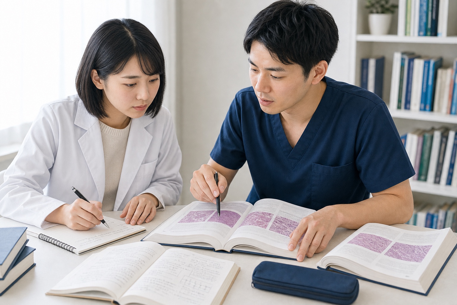 病態学の資料とノートを見ながら解説を受ける薬学部生と講師