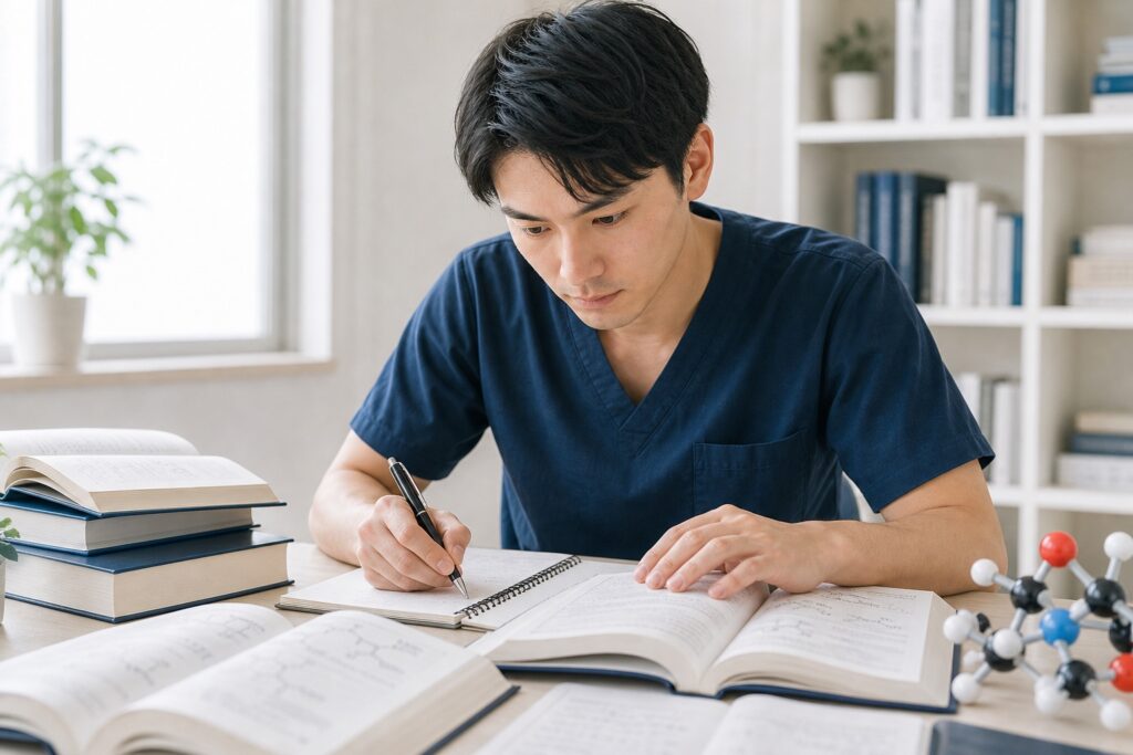 物理化学と有機化学の教材を並べて2週間の集中対策に取り組む学生