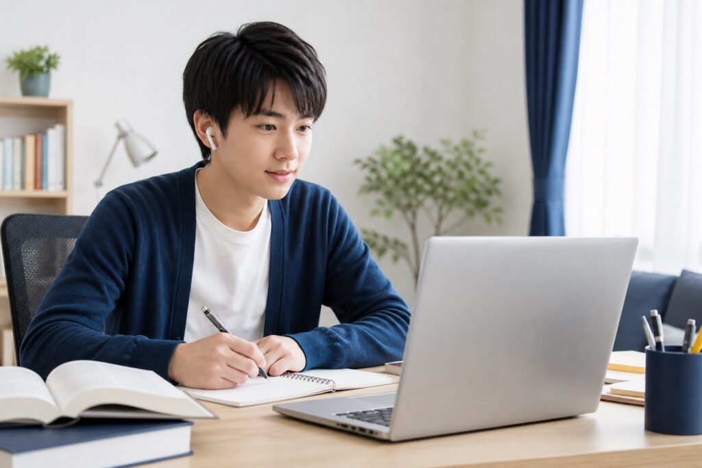 自宅でノートPCを使いオンライン指導を受ける集中した学生の様子