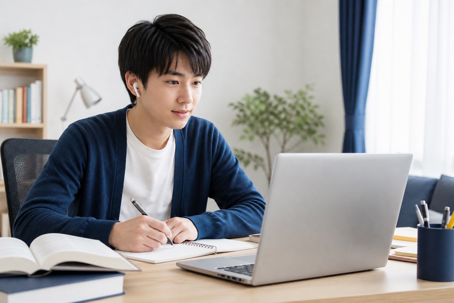 自宅でノートPCを使いオンライン指導を受ける集中した学生の様子