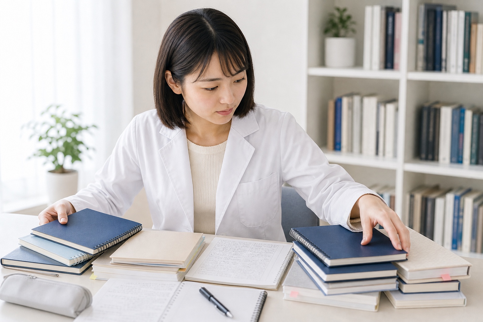 複数科目のノートを整理しながら勉強法を改善する薬学部生