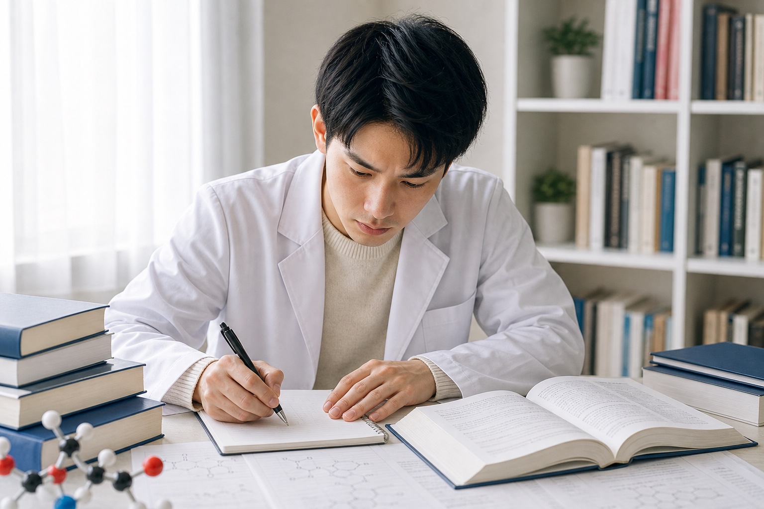 追再試対策に緊急で取り組む薬学部生の真剣な表情