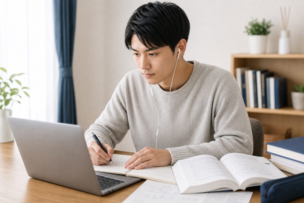 自宅でオンライン指導を受けながら苦手分野を克服しようとする学生