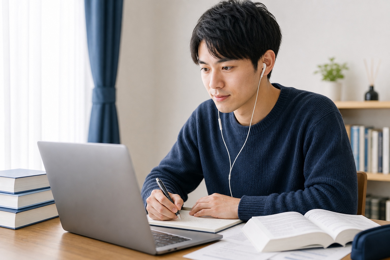 オンライン授業の画面を見ながら自宅で熱心に学ぶ薬学部生