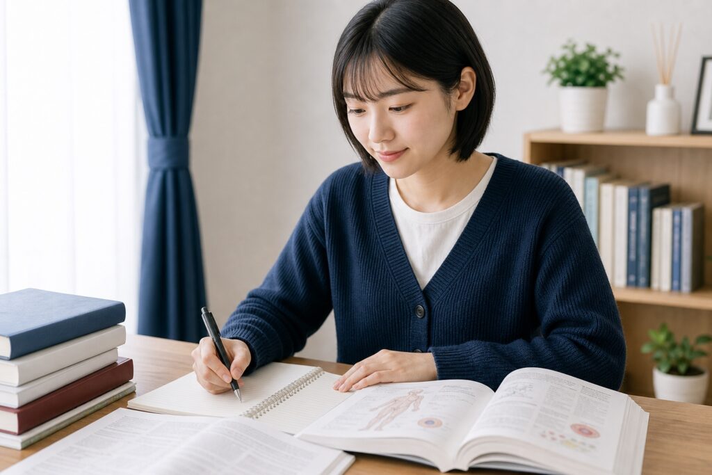 入学を控え基礎を復習しながら意欲的にノートをとる新入生