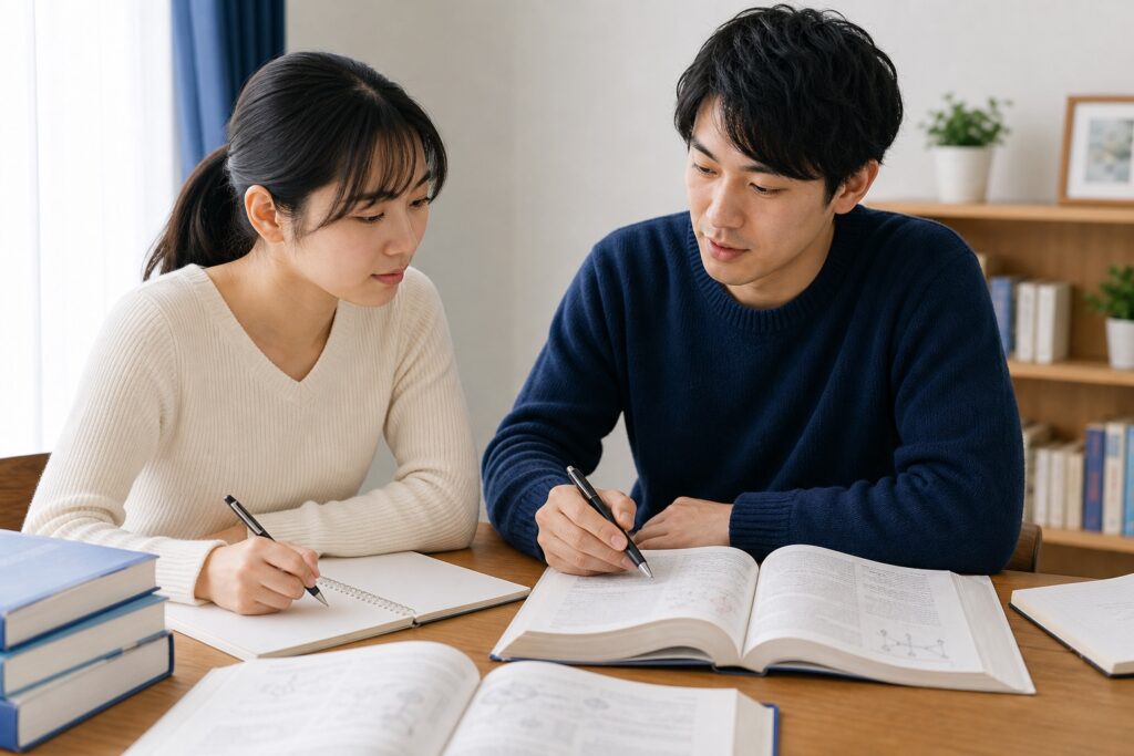 対面で集中的に指導を受ける薬学部生と丁寧に教える家庭教師