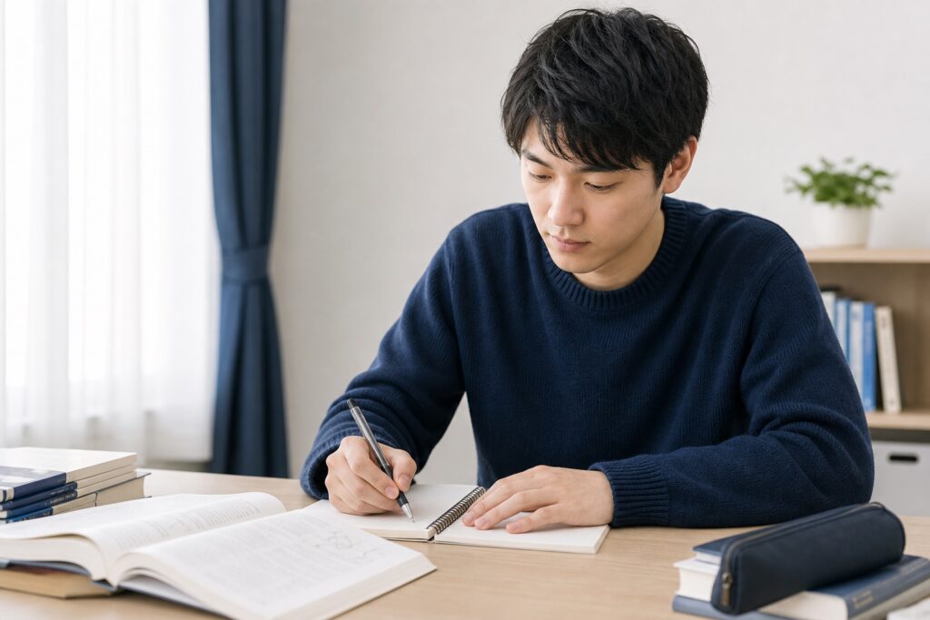 ノートの取り方から学び直そうと真剣に取り組む1年生の薬学部生