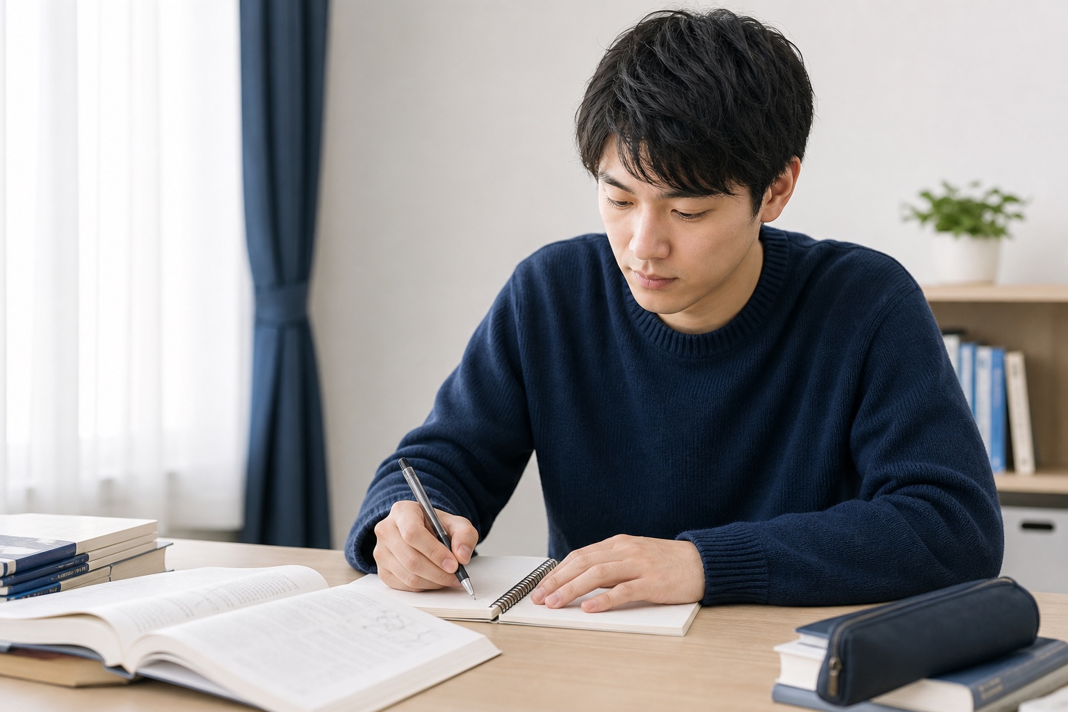ノートの取り方から学び直そうと真剣に取り組む1年生の薬学部生
