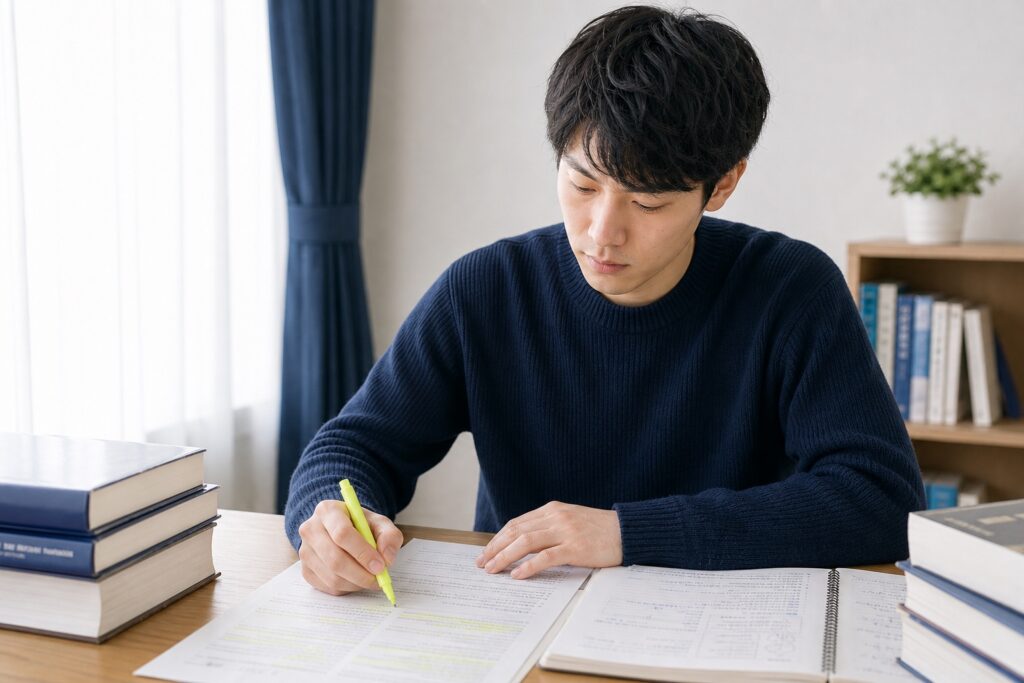 過去問を分析しながら合格点を目指す薬学部生の集中した表情