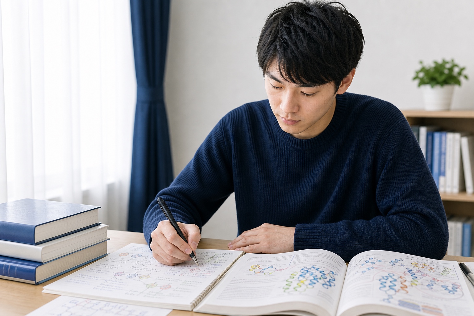 夏休みに生化学の基礎を集中して学ぶ薬学部生の熱心な様子