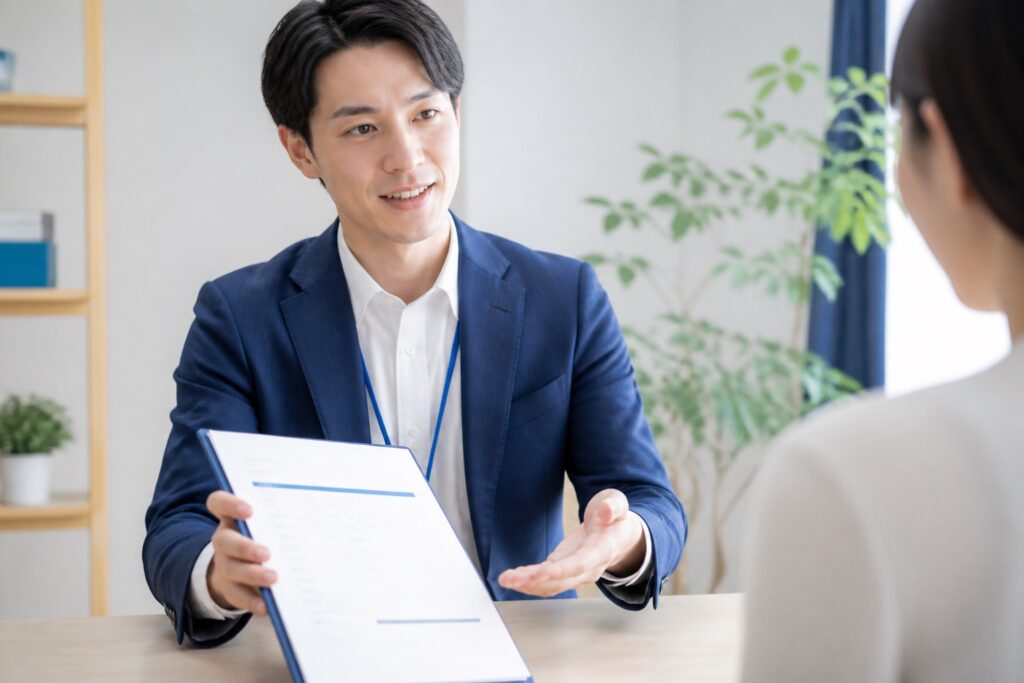 明るい面談デスクで料金資料を示しながら丁寧に説明するスタッフ