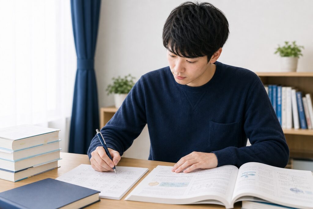 CBT試験に向けて問題演習を反復しながら学ぶ薬学部生の集中した様子