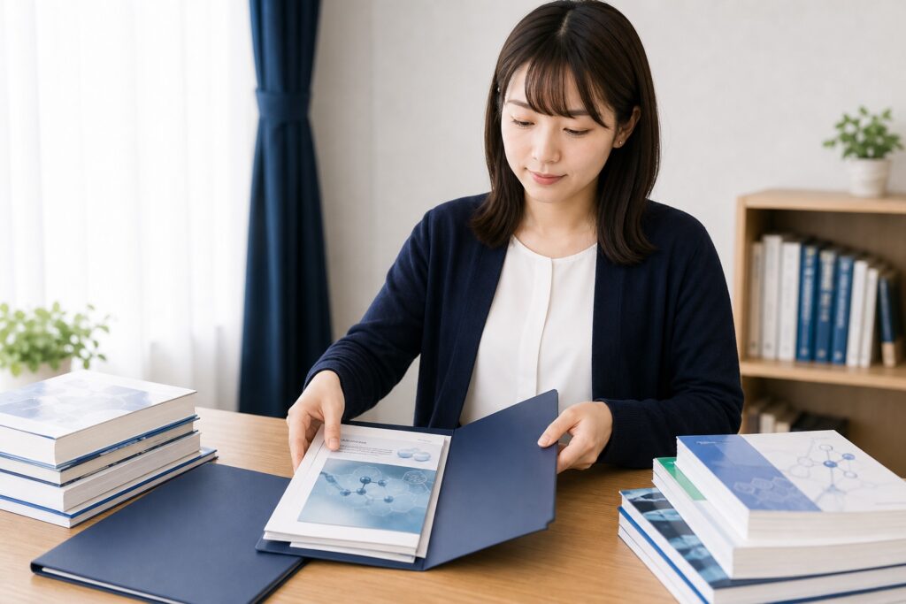 薬学部専門の資料を準備しながら丁寧に対応するスタッフの落ち着いた様子
