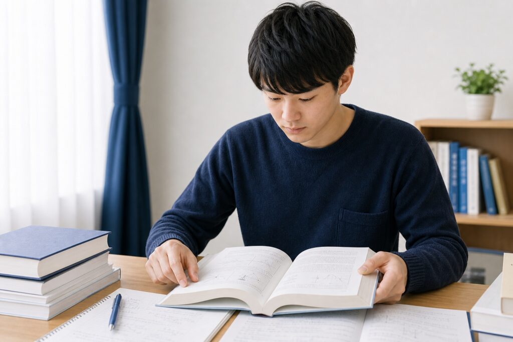 高校物理の参考書から基礎を学び直す薬学部生の真剣な表情