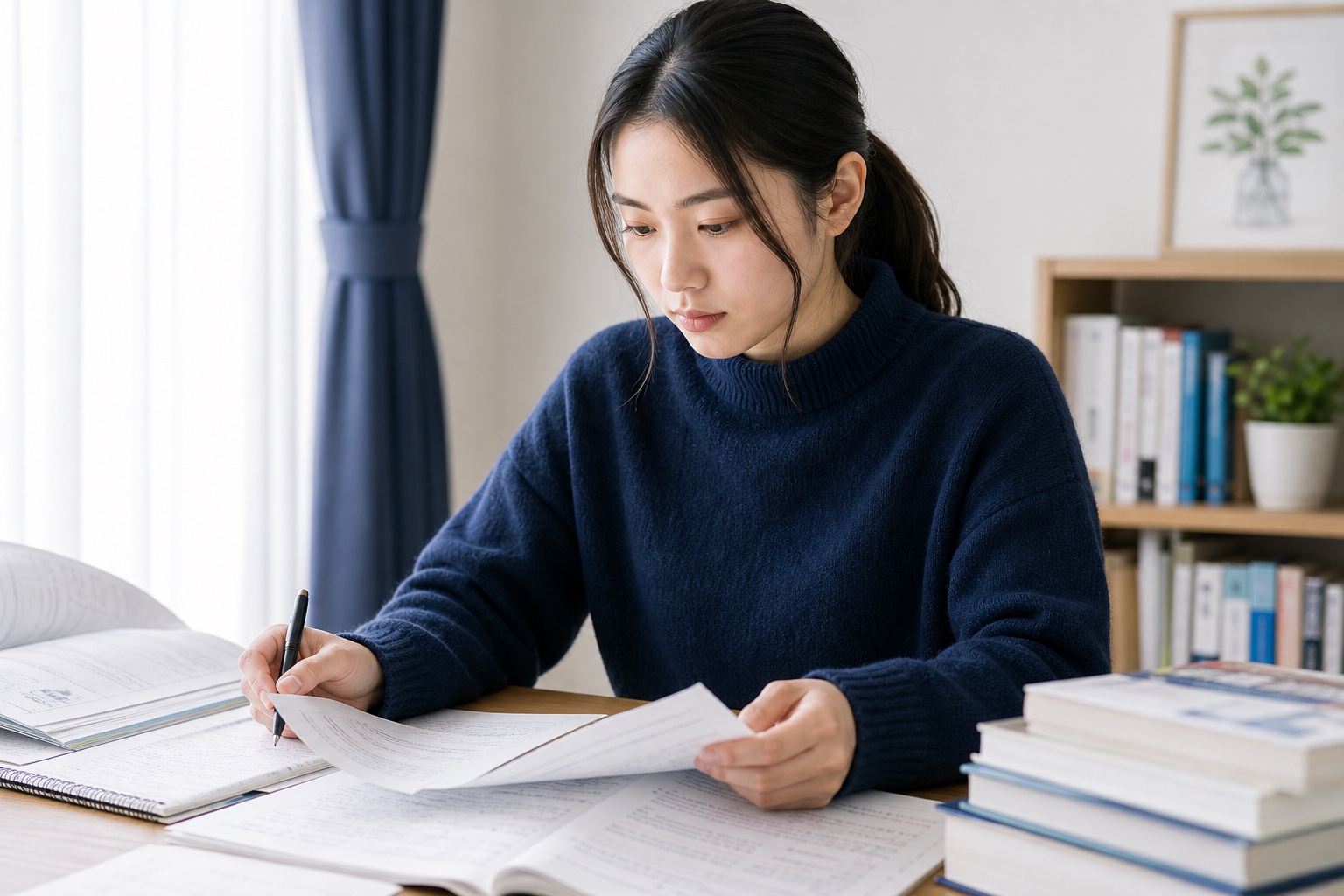 過去問とノートを見直しながら苦手科目を克服しようとする薬学部生