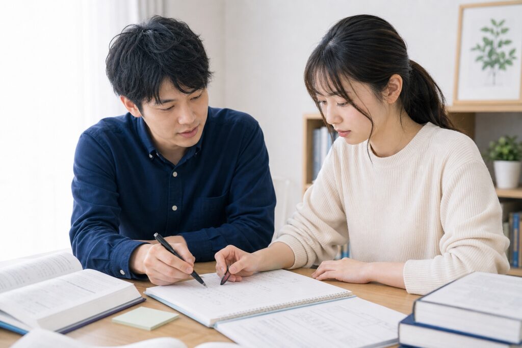 ノートの整理と復習計画を一緒に立てる学生と支える家庭教師