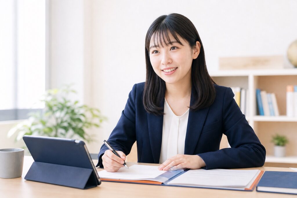 明るい面談スペースで資料を前に相談を受ける保護者と落ち着いて説明するスタッフ