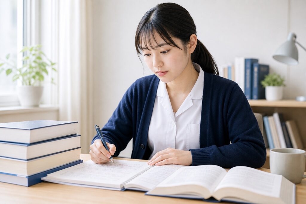 国家試験の勉強机に静かに向かい前を向こうとする薬学生